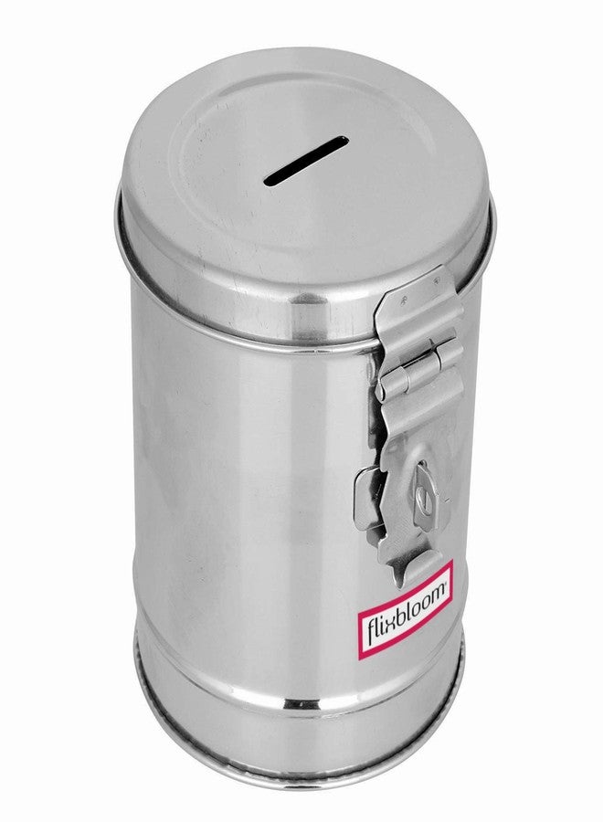Flixbloom Stainless Steel Piggy Bank/Gullak Money/Coin Box for Saving Money for Kids with a Pressing Lock Size (Round Shape) - Image 1